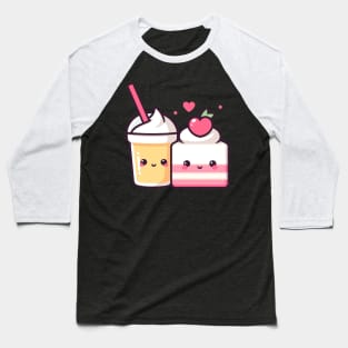 Kawaii Cute Strawberry Cake and Milkshake with a Heart | Design for Kawaii Couples Baseball T-Shirt